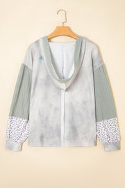 Green Floral Patched Waffle Textured Colorblock V Neck Casual Hooded Top