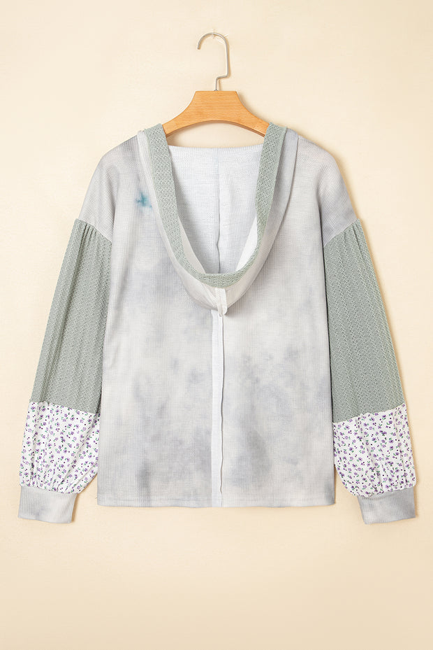 Green Floral Patched Waffle Textured Colorblock V Neck Casual Hooded Top