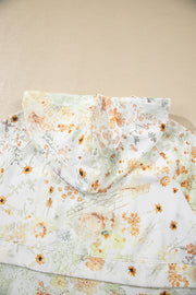 Yellow Floral Print Half Zip Hooded Long Sleeve Top