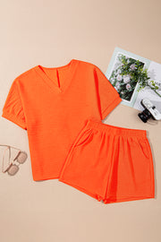 Orange Textured V Neck T Shirt and Shorts Set