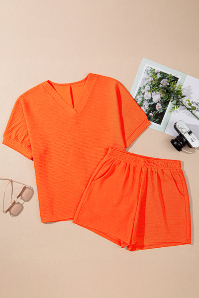 Orange Textured V Neck T Shirt and Shorts Set