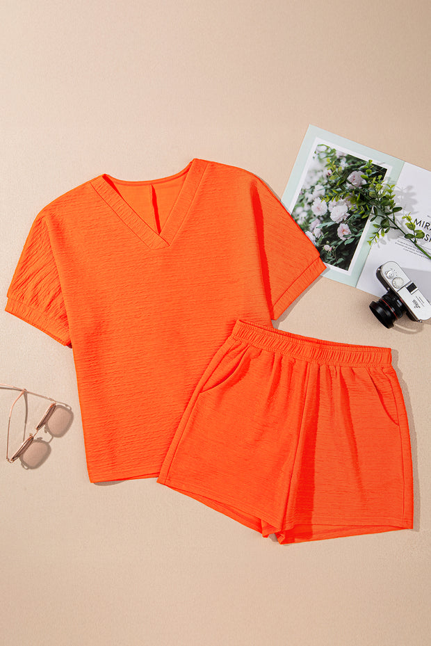 Orange Textured V Neck T Shirt and Shorts Set