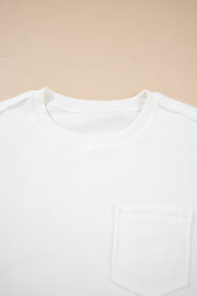 White Exposed Seam Chest Pocket Knit Pullover Sweatshirt