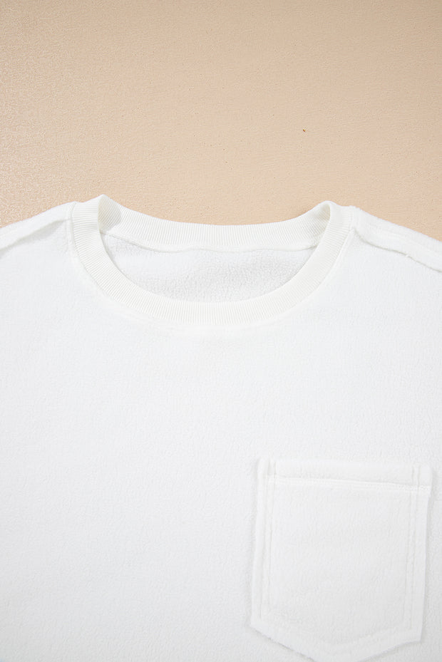 White Exposed Seam Chest Pocket Knit Pullover Sweatshirt
