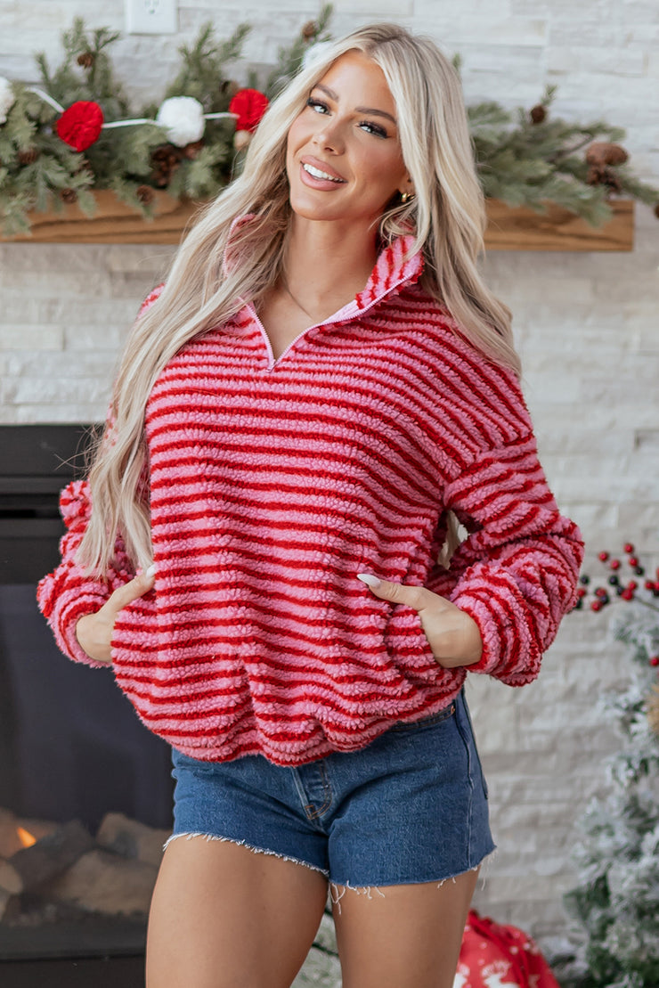 Pink Stripe Quarter Zip Fleece Oversize Sweatshirt