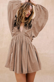 Smoke Gray Deep V Neck Bubble Sleeve Smocked Mini Dress