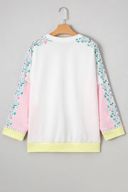 White Floral Colorblock Patchwork Chest Pocket Notched Neck Long Sleeve Top