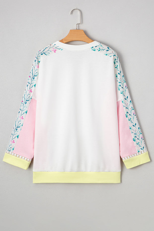White Floral Colorblock Patchwork Chest Pocket Notched Neck Long Sleeve Top