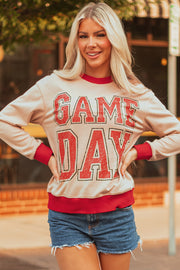 Oatmeal GAME DAY Letter Graphic Varsity Striped Detail Baggy Sweatshirt