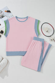 Pink Corded Colorblock Patchwork Short Sleeve Top and Loose Pants Set
