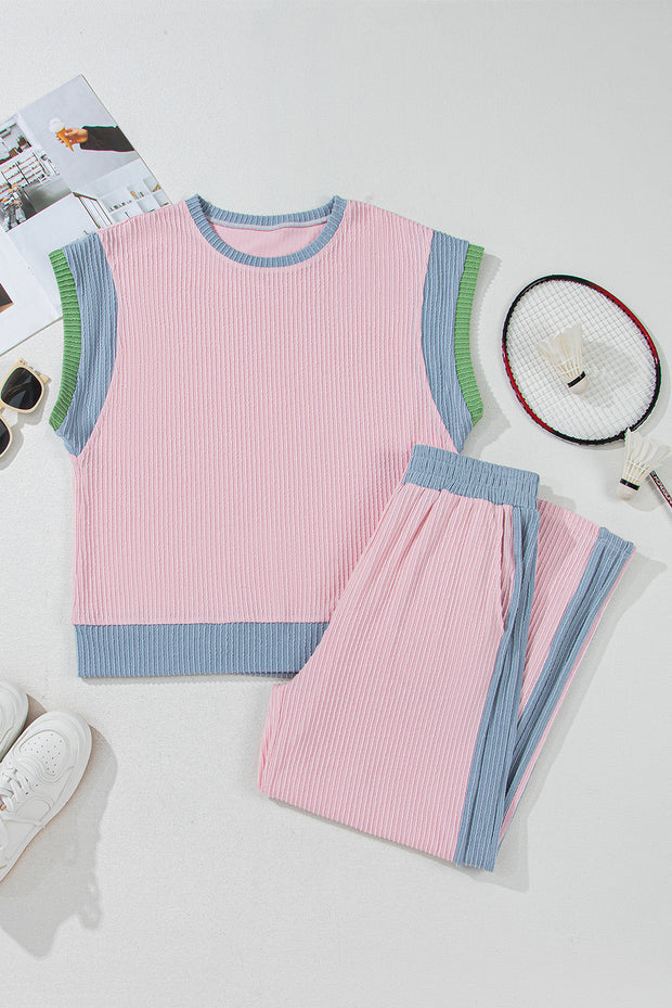 Pink Corded Colorblock Patchwork Short Sleeve Top and Loose Pants Set