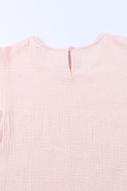 Pink Textured Tiered Ruffled Short Sleeve Blouse