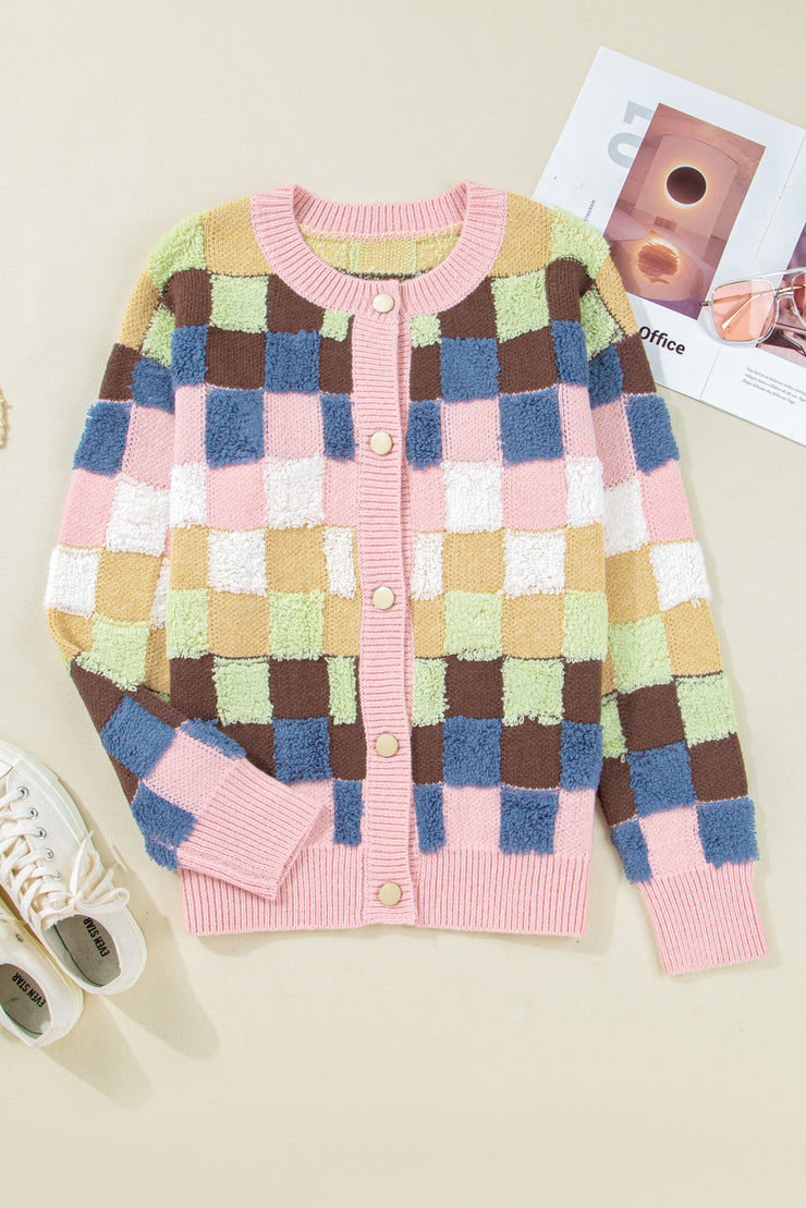 Multicolour Plush Checkered Pattern Button Front Cardigan Sweater