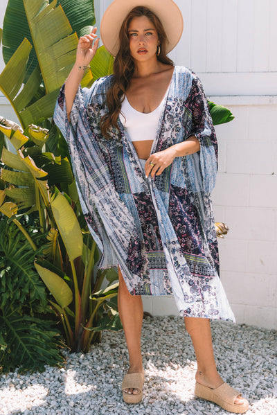 Blue Retro Floral Print Long Loose Open Front Kimono