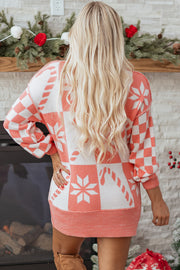 Pink Candycane Snowflake Checker Christmas Holiday Drop Shoulder Tunic Loose Sweater