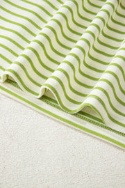 Green Stripe Collared V Neck Drop Shoulder Pullover and Skort 2pcs Outfit