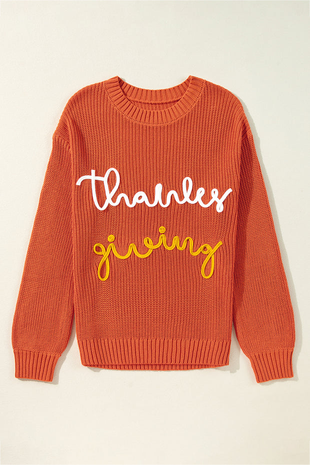 Gold Flame Thanks Giving Letter Graphic Crew Neck Sweater