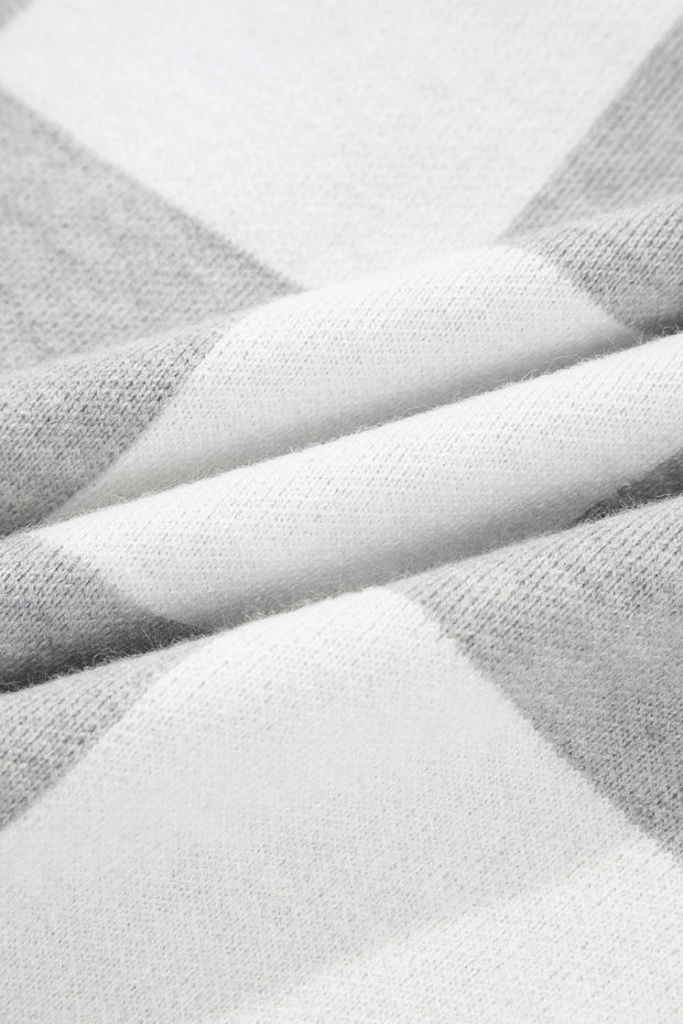 Gray Plus Size Checkered Pattern Button Polo Collar Split Sweater