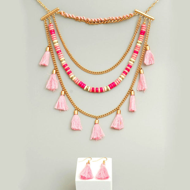 Pink Yarn Tassel Necklace Set