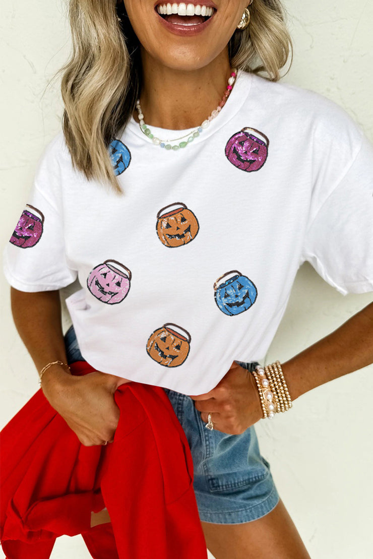 White Sequin Pumpkin Face Patched Crew Neck Holiday T Shirt