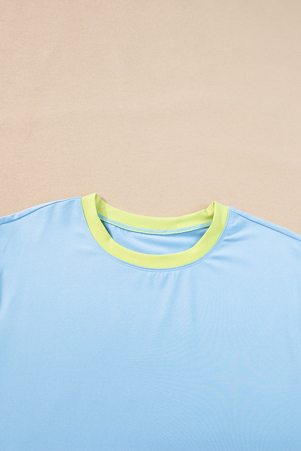 Sky Blue Color Block Detail Casual Two-piece Outfit