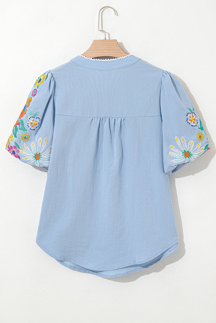Beau Blue Floral Embroidered Puff Sleeve Split Neck Blouse