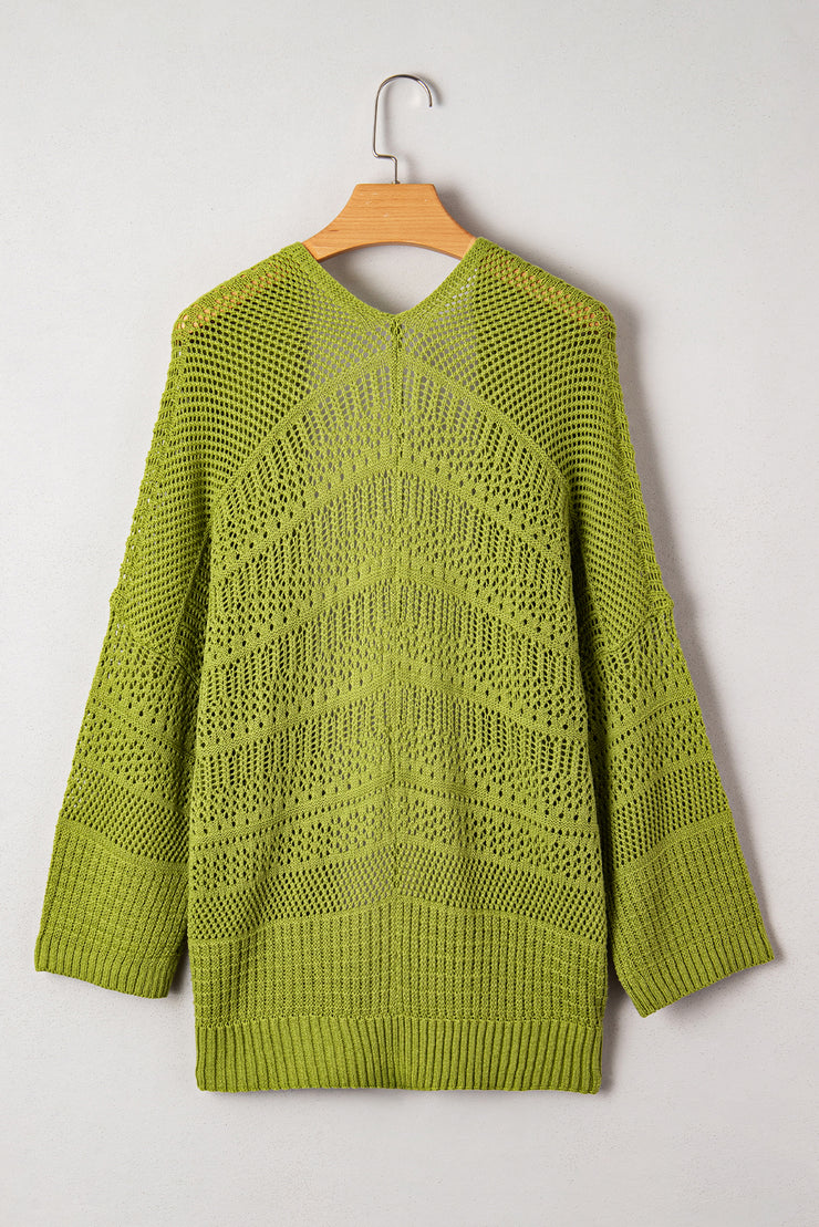 Spinach Green Oversize Crochet Knit Open Cardigan