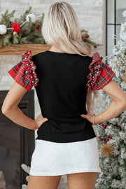 Black Plaid Pearl Ruffle Short Sleeve Loose T Shirt