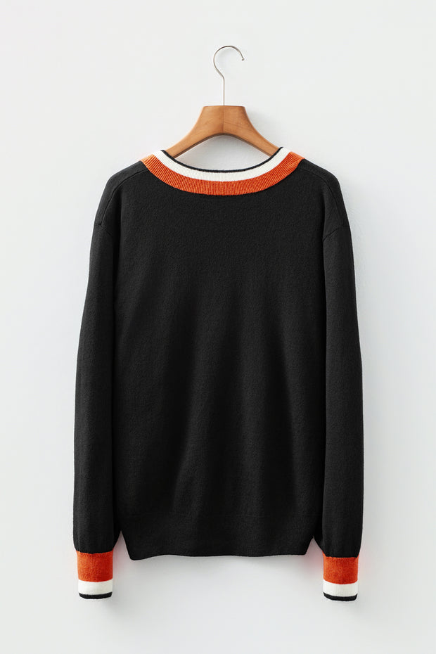 Black Contrast Striped Trim V Neck Varsity Sweater