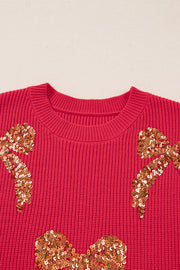 Fiery Red Sequin Bow Accent Drop Shoulder Festive Sweater