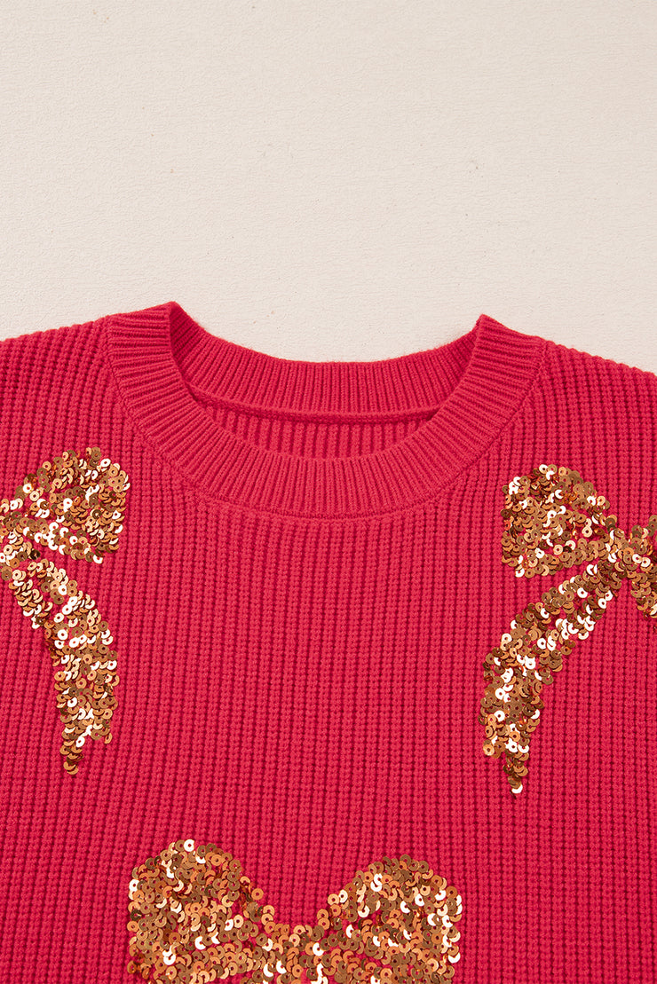 Fiery Red Sequin Bow Accent Drop Shoulder Festive Sweater