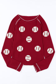 Red Baseball Patched Patterned Game Day Waffle Raglan Top