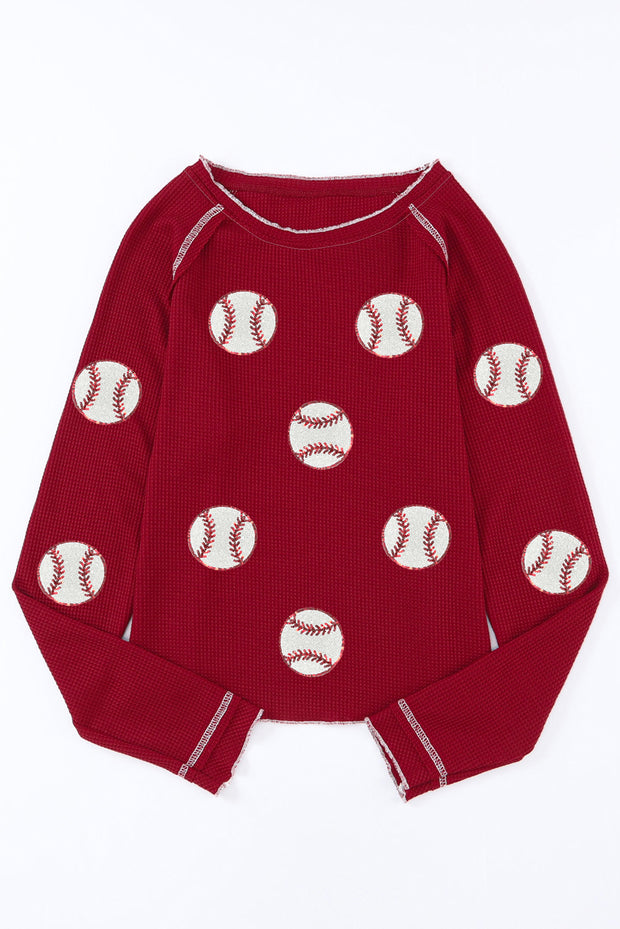 Red Baseball Patched Patterned Game Day Waffle Raglan Top