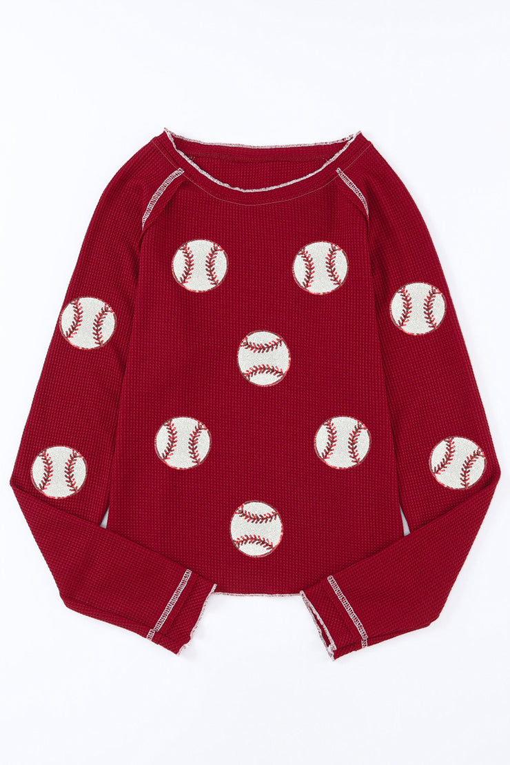 Red Baseball Patched Patterned Game Day Waffle Raglan Top