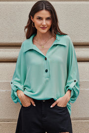 Light Blue Oversized Twist Ribbed Collared Henley Top with Roll up Sleeve