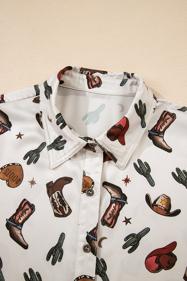White Western Fashion Print Button Up Casual Shirt