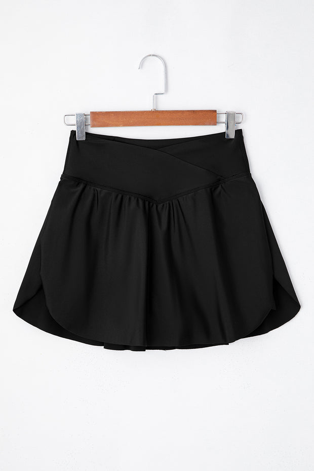 Black Solid Pocketed Crossover High Waist Swim Skort