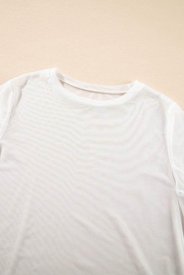 White Solid Color Sheer Mesh Patchwork Short Sleeve Top