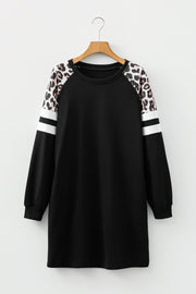 Black Leopard Print Patchwork Varsity Raglan Sleeve Sweatshirt Dress