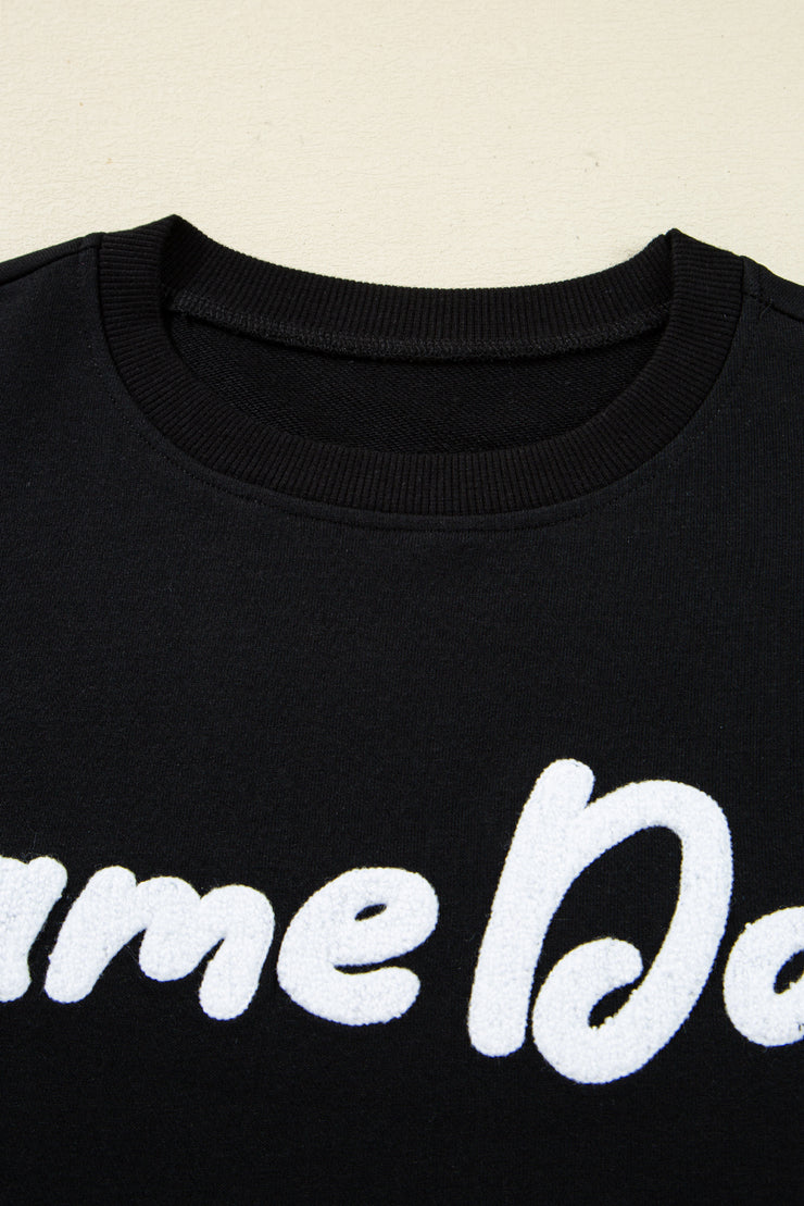 Black Chenille Game Day Graphic Drop Shoulder Sweatshirt