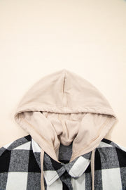 Black Double Plaid Patchwork Drawstring Hooded Shacket