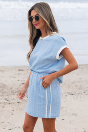 Beau Blue Contrast Trim Textured Crewneck Tee and Pocketed Skirt Set