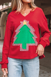Fiery Red Plaid Frayed Double Christmas Tree Patched Drop Shoulder Sweatshirt