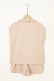 Parchment Textured Half Zip Kangaroo Pocket Top Drawstring Shorts Set