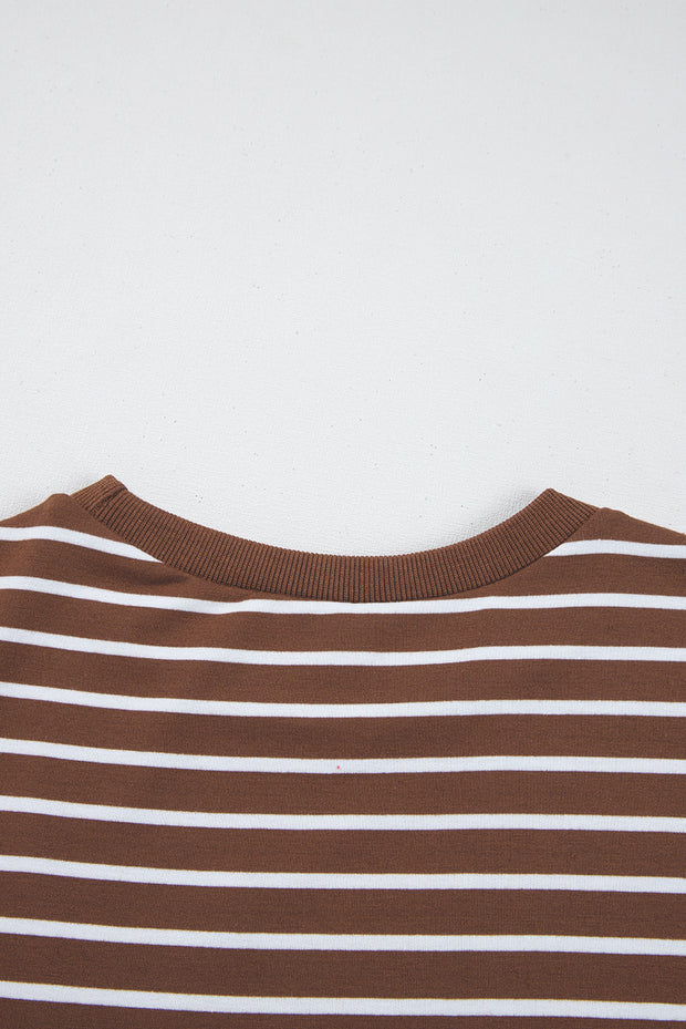 Coffee Striped Long Sleeve Round Neck Loose Top
