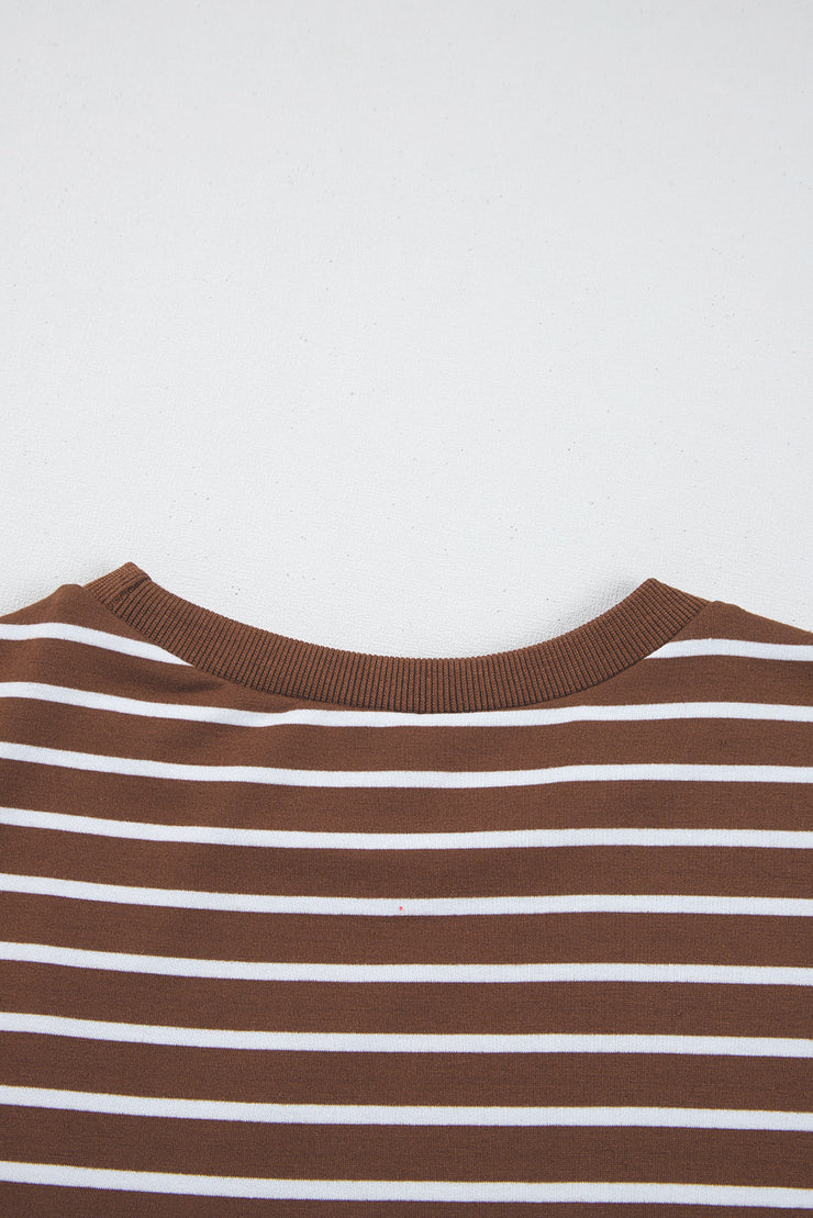 Coffee Striped Long Sleeve Round Neck Loose Top
