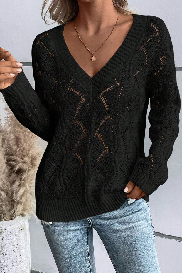 Black Hollow Out Knit V Neck Drop Shoulder Sweater