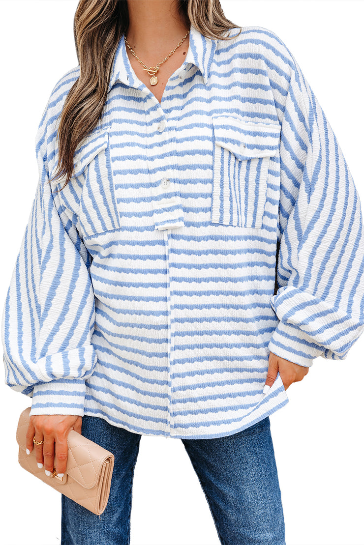 Sky Blue Stripe Half Button Collared Chest Pockets Loose Fit Blouse