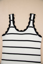 Black Striped Scalloped Edge U Neck Sleeveless Sweater Vest