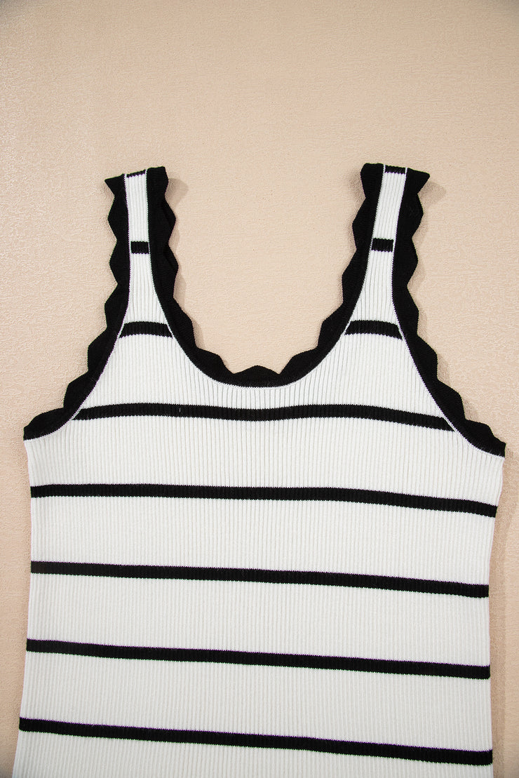 Black Striped Scalloped Edge U Neck Sleeveless Sweater Vest